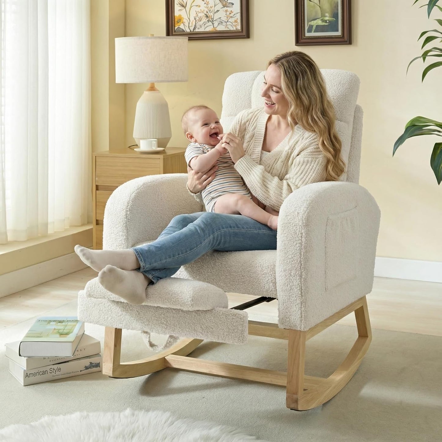 NIOIIKIT Modern Nursery Rocking Chair, Teddy Upholstered Rocking Chair with Footrest, Comfortable Rocker Recliner with Side Pocket, Rocker Glider for Living Room, Bedroom, Nursing Room (Apricot)