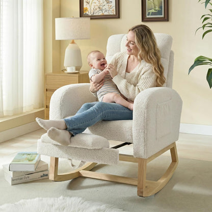 NIOIIKIT Modern Nursery Rocking Chair, Teddy Upholstered Rocking Chair with Footrest, Comfortable Rocker Recliner with Side Pocket, Rocker Glider for Living Room, Bedroom, Nursing Room (Apricot)