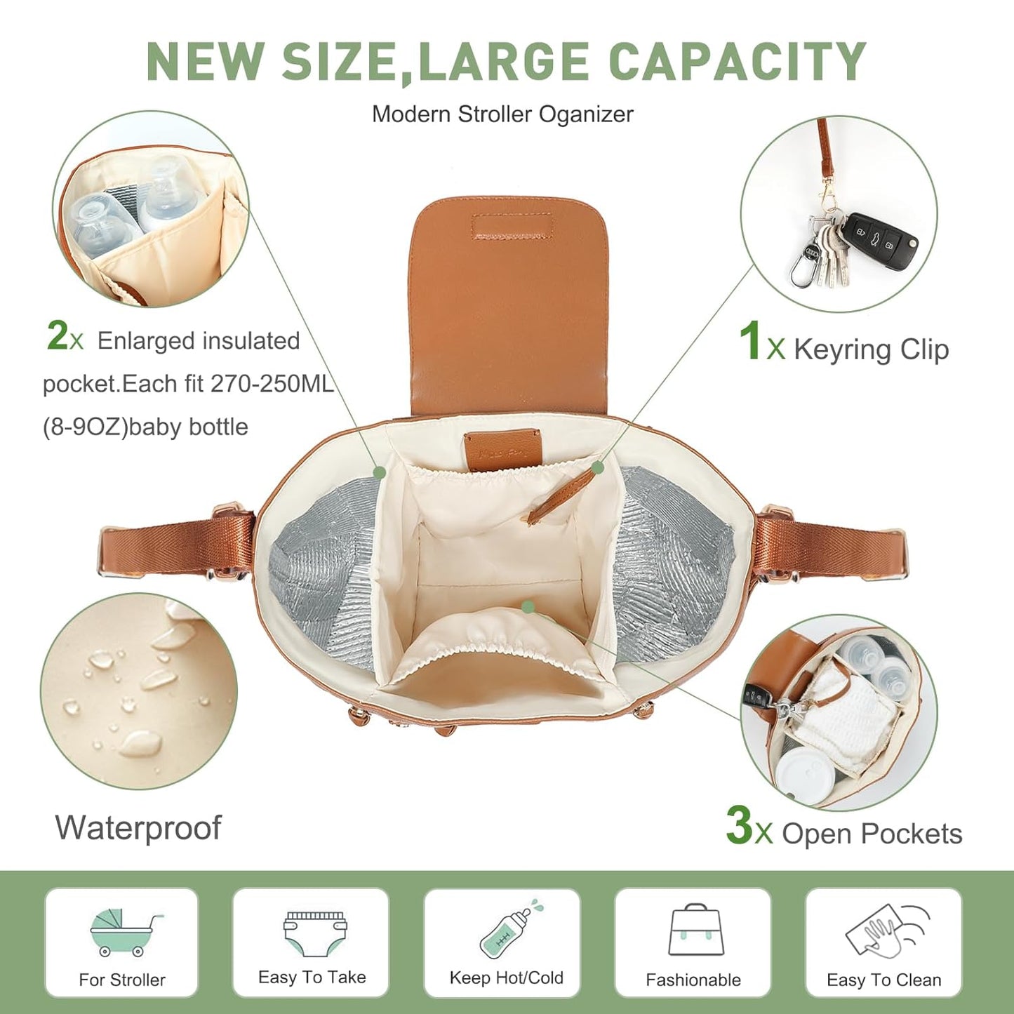 miss fong Universal Stroller Organizer with Insulated Cup Holder Stroller Caddy Baby Storage Bag with Adjustable Strap, Fits for like Uppababy, Baby Jogger, Britax, Umbrella