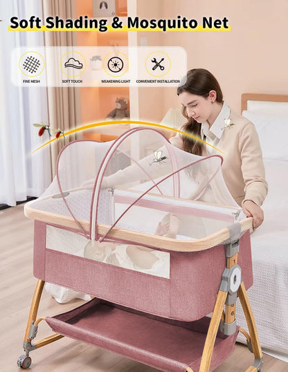 Baby Bassinet, Bedside Bassinet for Baby, 4 in 1 Portable Bassinet Bedside Sleeper with Wheels Mosquito Net & Storage Basket, 6 Height Adjustable Rocking Bassinet for Newborn Baby