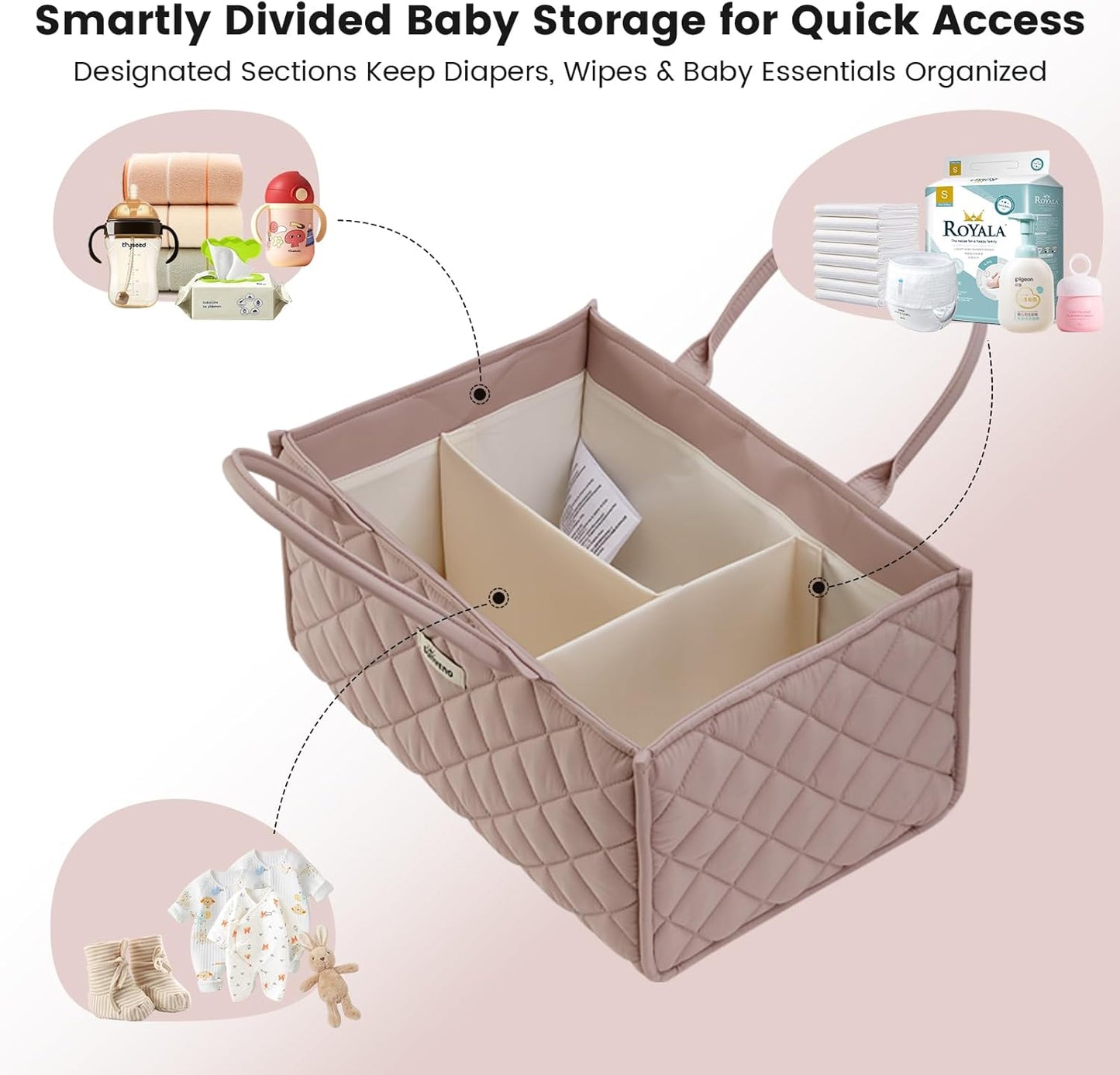 SUNVENO Quilted Diaper Caddy Organizer, Soft Padded Baby Diaper Caddy with Removable Dividers, Large Nursery Storage Basket for Diapers, Wipes and Baby Essentials, Portable Nursery Organizer, Brown