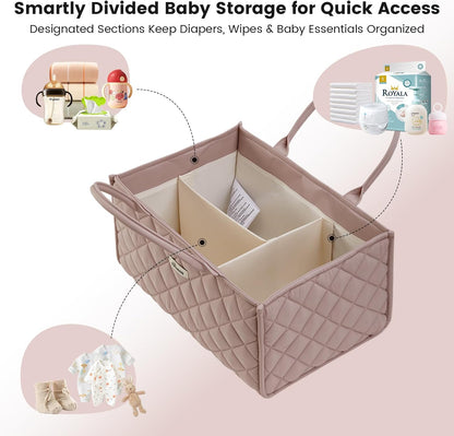 SUNVENO Quilted Diaper Caddy Organizer, Soft Padded Baby Diaper Caddy with Removable Dividers, Large Nursery Storage Basket for Diapers, Wipes and Baby Essentials, Portable Nursery Organizer, Brown