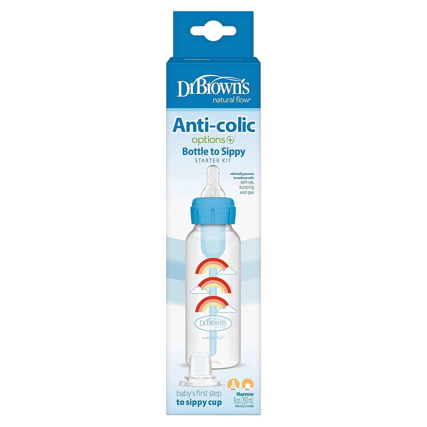 Dr. Brown's Anti-Colic Options+ Narrow Sippy Bottle Starter Kit, 8oz/250mL, with Level 3 Medium-Fast Flow Nipple and Soft 100% Silicone Sippy Spout, Blue, BPA Free, 6m+