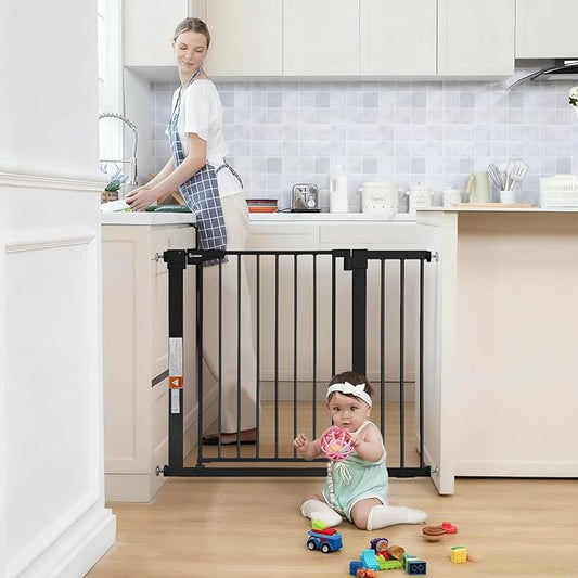 COMOMY 30" Tall Baby Gate for Stairs Doorways, Fits Openings 29.5" to 40.5" Wide, Auto Close Extra Wide Dog Gate for House, Pressure Mounted Easy Walk Through Pet Gate with Door, Black