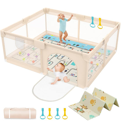 Baby Playpen with Mat 79x71inch - Extra Large Play Pen for Babies and Toddlers Indoor & Outdoor Baby Playard with Soft Breathable Mesh Cover - Sturdy Foam Infant Gate Playpen(Apricot)