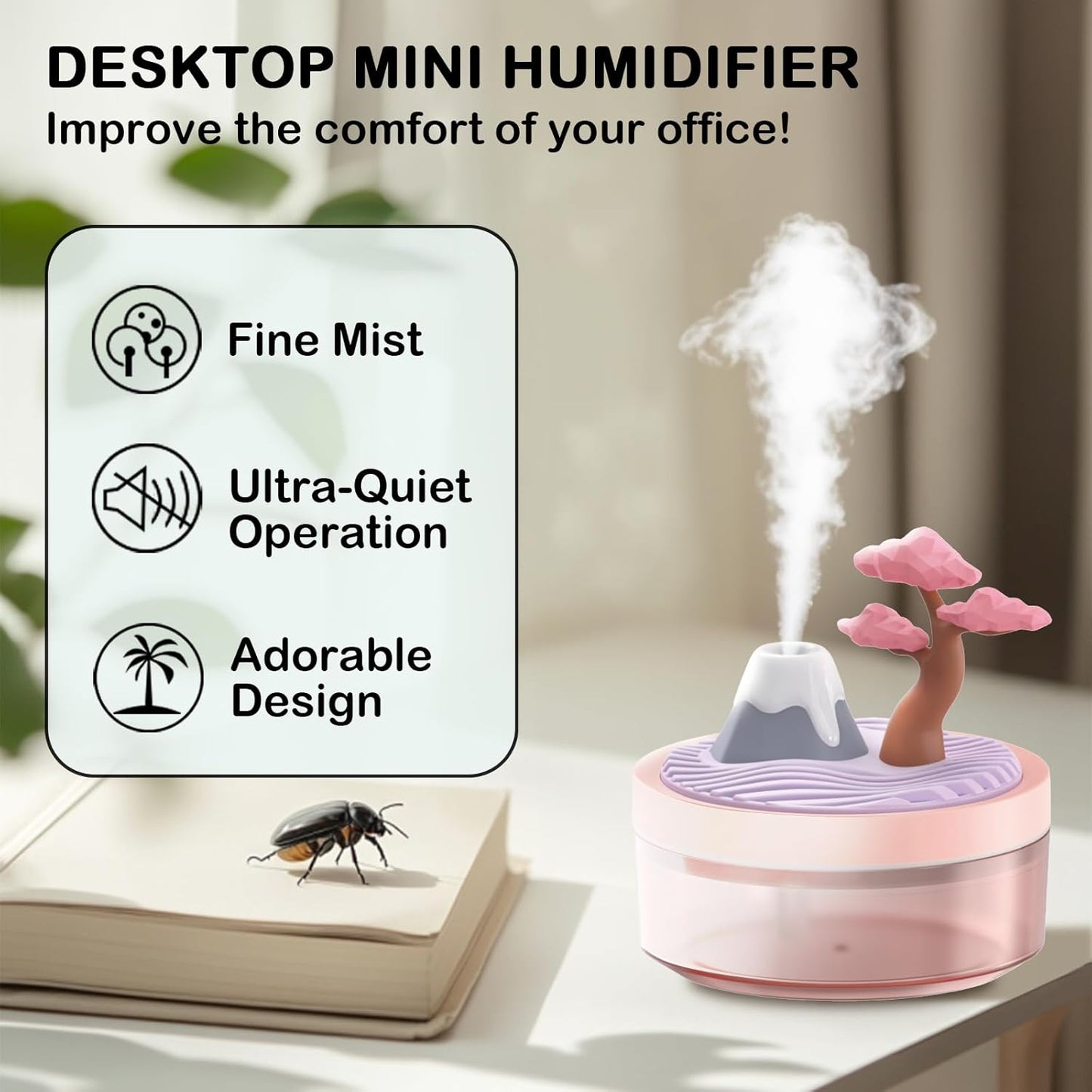 Cute Mini Humidifier 320mL Cool Mist Humidifie mute with 2 Mist Modes,for Home/Nursery/Office,Portable Mini Air Moisturizer,rechargeable mini humidifier(Gardenia pink)