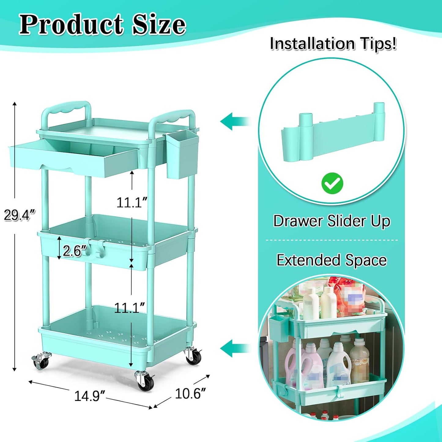 SUNALLY 3 Tier Rolling Cart with Drawer, Bathroom Storage Organizer with 2 Lockable Wheels, Multifunctional Rolling Storage Cart for Bathroom, Kitchen, Office, Craft, Makeup, Baby Essentials, White
