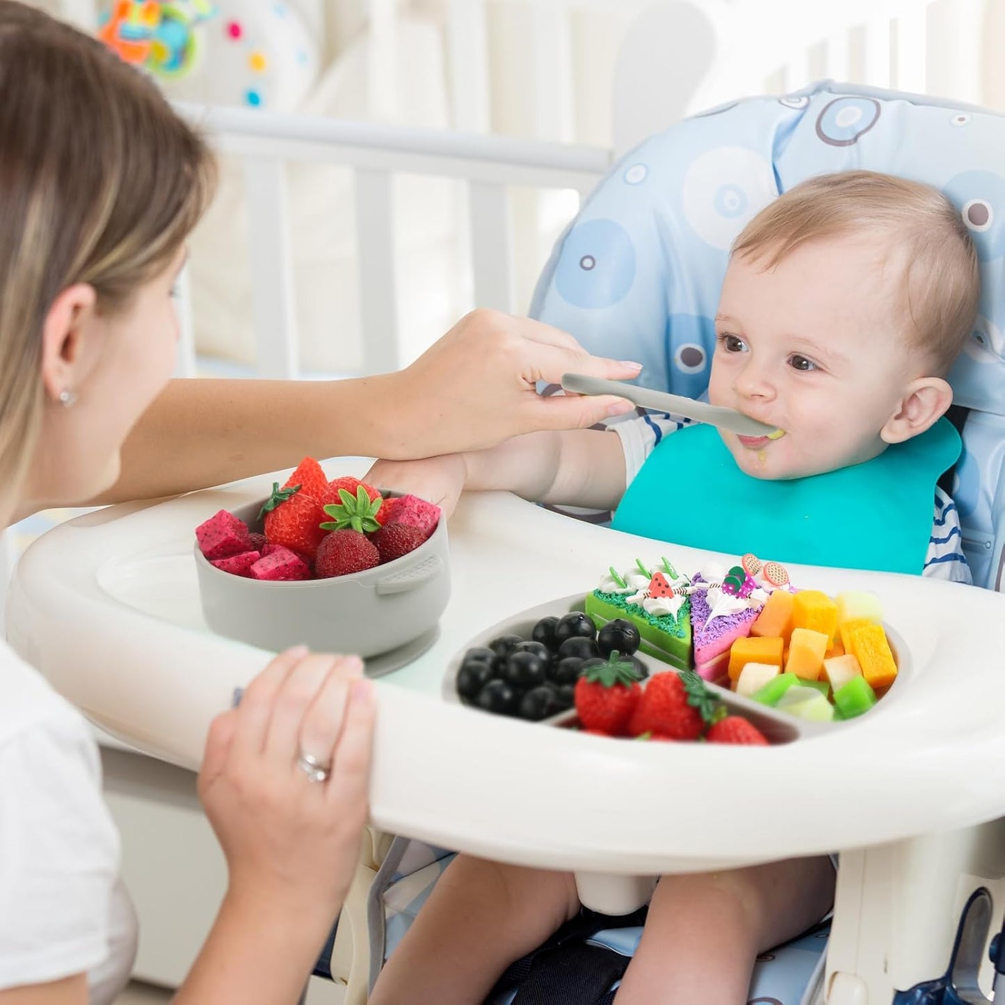 Dandat 24 Pcs Silicone Baby Feeding Set,6 Baby Toddler Suction Bowls 6 Divided Suction Plates with 6 Forks 6 Spoons, Utensils Set for Weaning Infant Feeding and Eating, 6 Styles (Elegant Color)