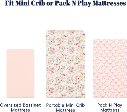 PHF 3 Pack Soft Mini Crib Sheets, Floral & Animal Pack N Play Sheets for Baby Boys Girls, No Slip Universal Fit for Pack N Play, Playard, Portable and Mini Crib Mattresses,Floral & Animal