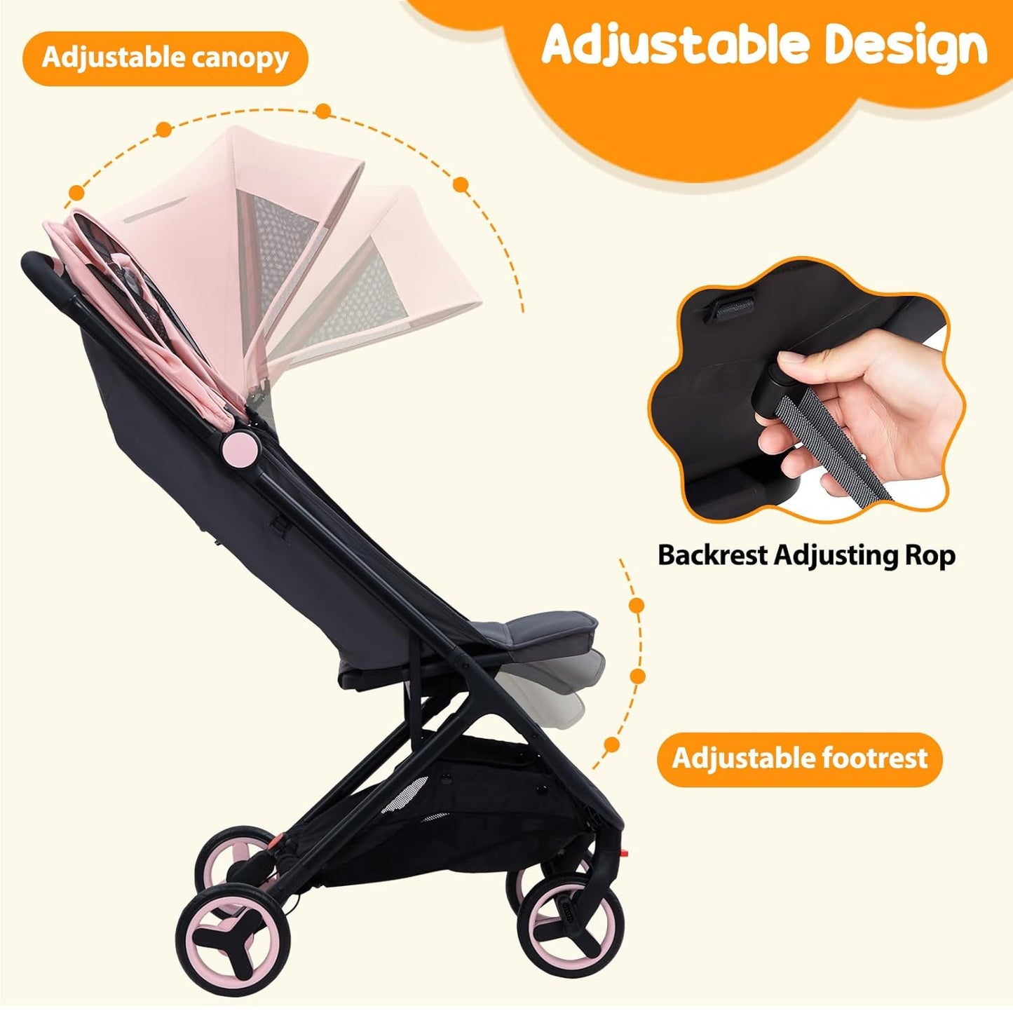 Lightweight Baby Stroller, Compact One-Hand Fold Travel Stroller Airplane Friendly, Reclining Infant Stroller with 5-Point Harness & Adjustable Canopy, All-Terrain Stroller for Toddlers 6-36 Months