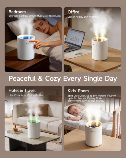 SP SpacePlayer Cool Mist Humidifier for Bedroom, 3L Top Fill Ultrasonic, 4000mAh Cordless Portable Humidifier, Quiet 23dB, Auto Shut-Off, Timer, Easy Clean, for Baby Nursery, Plants, Home Office
