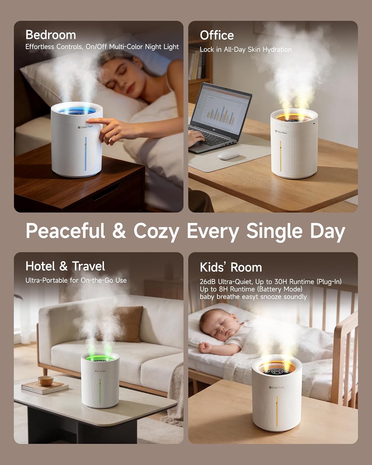 Space Player Cordless Humidifier for Bedroom, 3L Top Fill Cool Mist Ultrasonic, 4000mAh Portable, Quiet 23dB, Auto Shut-Off Timer, Easy Clean, for Baby Nursery, Plants, Home Office