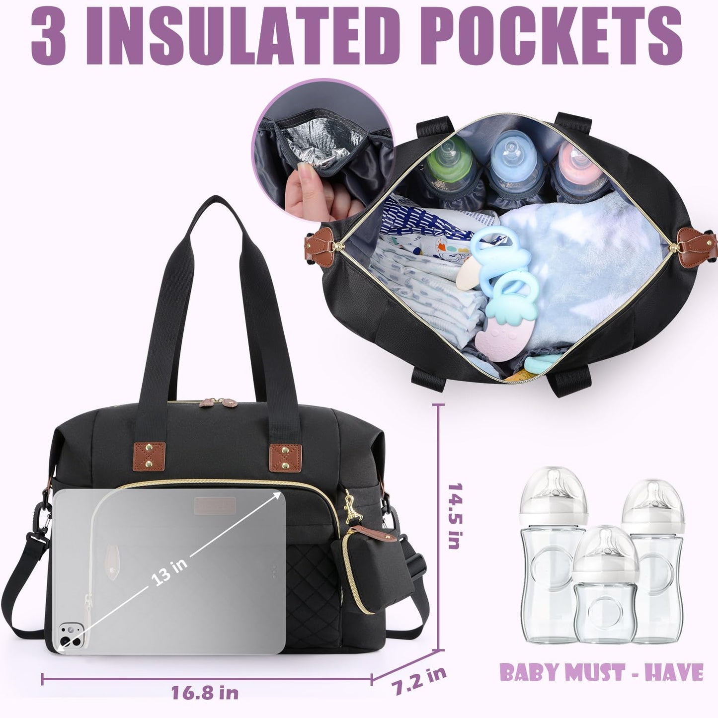 Tuwubi Diaper Bag Tote,Baby Diaper Bag with Pacifier Case Large Travel Diaper Tote Caddy for Mom and Dad Multifunction Large Baby Bag - M-Pink