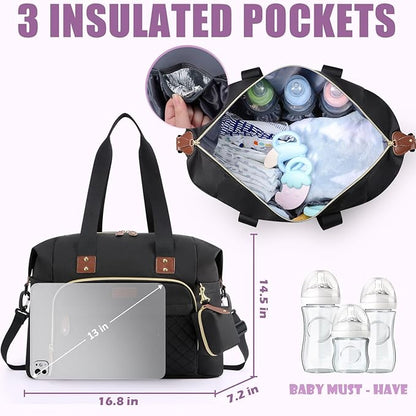 Tuwubi Diaper Bag Tote,Baby Diaper Bag with Pacifier Case Large Travel Diaper Tote Caddy for Mom and Dad Multifunction Large Baby Bag - Black