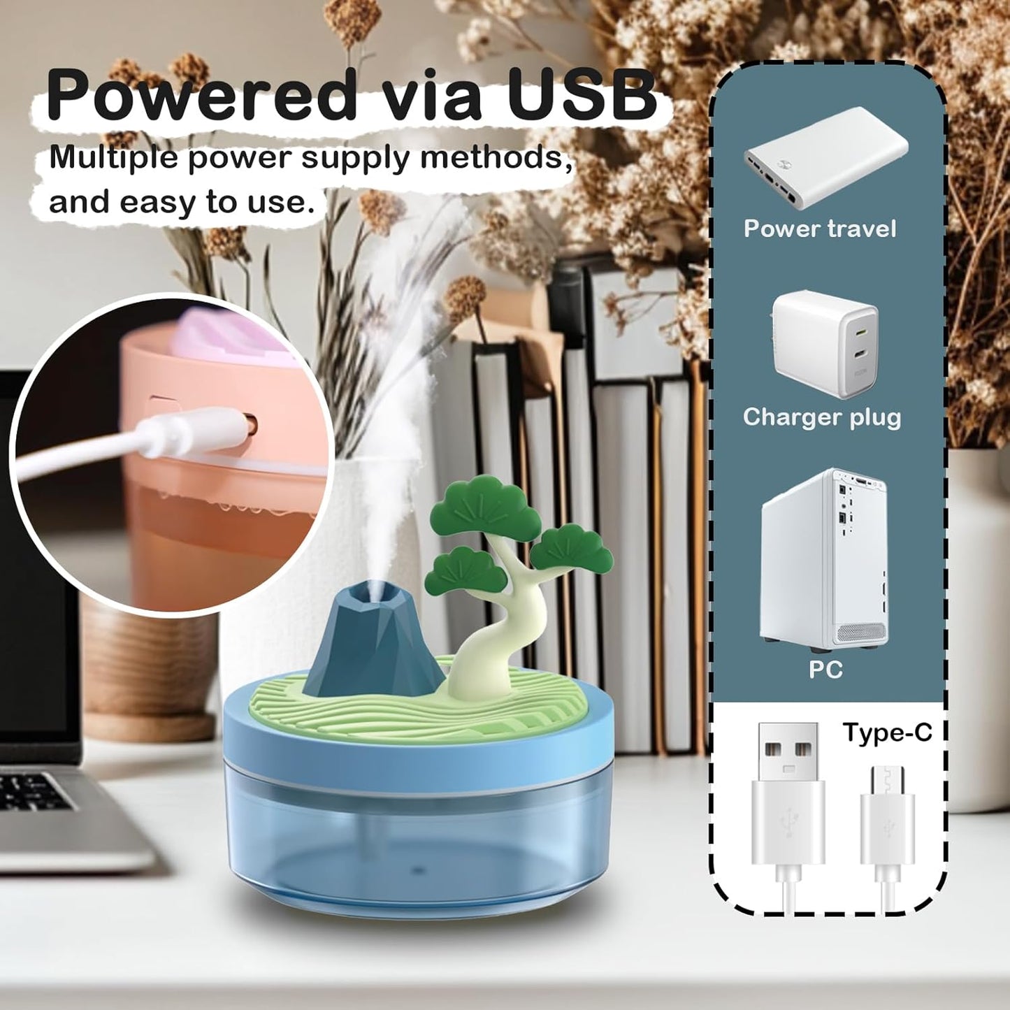 Cute Mini Humidifier 320mL Cool Mist Humidifie mute with 2 Mist Modes,for Home/Nursery/Office,Portable Mini Air Moisturizer,rechargeable mini humidifier(Gardenia pink)
