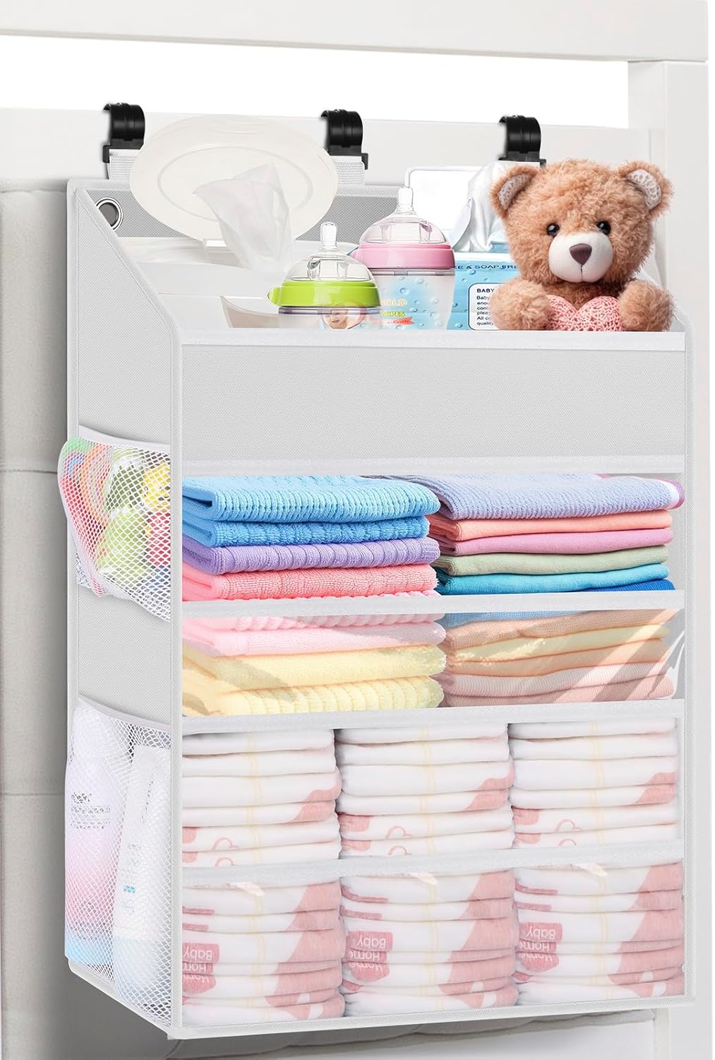 Hanging Diaper Caddy Organizer Crib Organizer–Spacious Baby Girl/Boy Nursery Storage Organizer for Changing Table, Playpen/Wall- Hold 90+ Diaper (Grey)