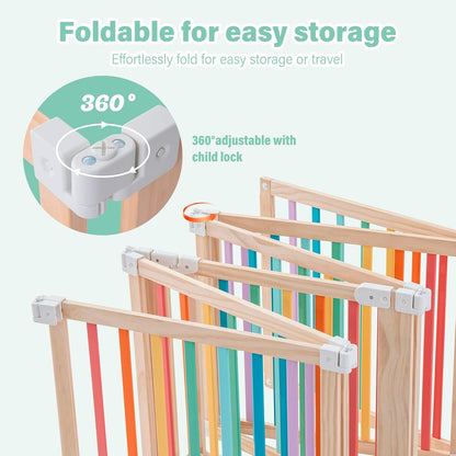 Foldable Wooden Playpen-51x51x25in-Large Baby Gate Playpen with Child-Proof Lock-Easy Assembly, Portable Design for Babies & Toddlers- Shape& Size Adjustable Baby Fence Play Area (Wood, 6 Panel)