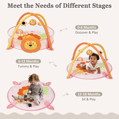 7-in-1 XL Large Baby Play Gym Mat, Tummy Time Mat, Baby Gym & Ball Pit, Baby Activity Mat with Milestone Cards & 6 Detachable Toys for Sensory Motor Skill, Lion