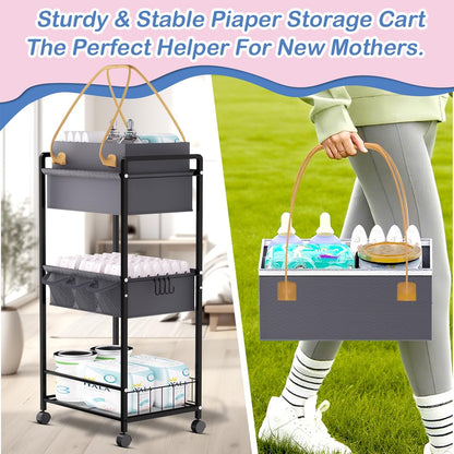 Baby Diaper Caddy Organize-3 Tier RollingDiaper Cart Newborn essentials Diaper2In1 Caddy With Dividers & Removable Diaper Caddy for Nursery Storage Bin CartBedroomBedsideChanging Table & Crib