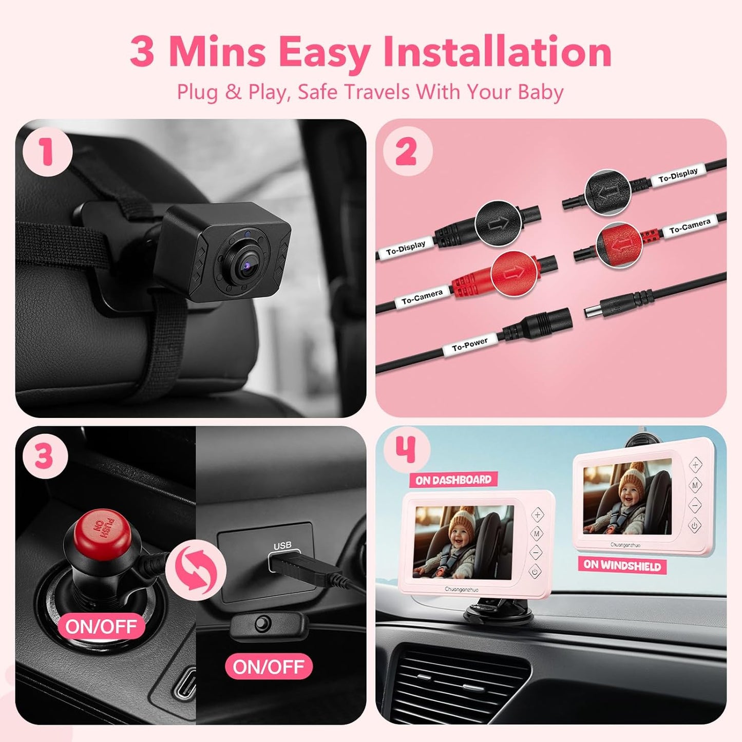 5'' Baby Car Camera with NO.1 Night Vision, USB Powered, Mirror/Normal Mode, 1080P IPS Crystal-Clear Car Baby Monitor With Brightness Setting & 3X Zoom, infant Backseat Camera, S100U, 5inch Black