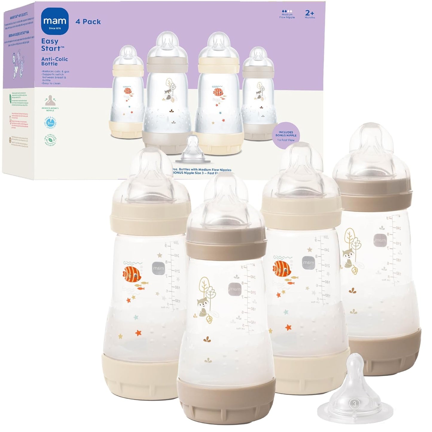 MAM 9oz Easy Start Anti-Colic+ Wide Neck Baby Bottle, Medium Flow Breastfeeding-Like Nipple, Reduces Colic Gas & Reflux, Easy To Clean, BPA Free, 2+ Months, Made In Europe, Bonus Fast Flow Nipple, Boy