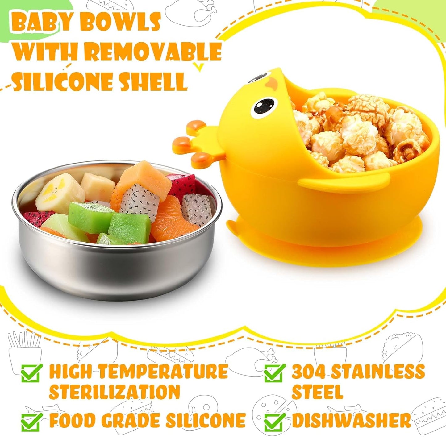 Nuogo 4 Packs 304 Stainless Steel Baby Bowls with Silicone Sleeve Kids Toddler Food Bowls with Suction Anti Slip Cute Animal safe Design for Baby Feeding Soup Noodle Pasta Snack