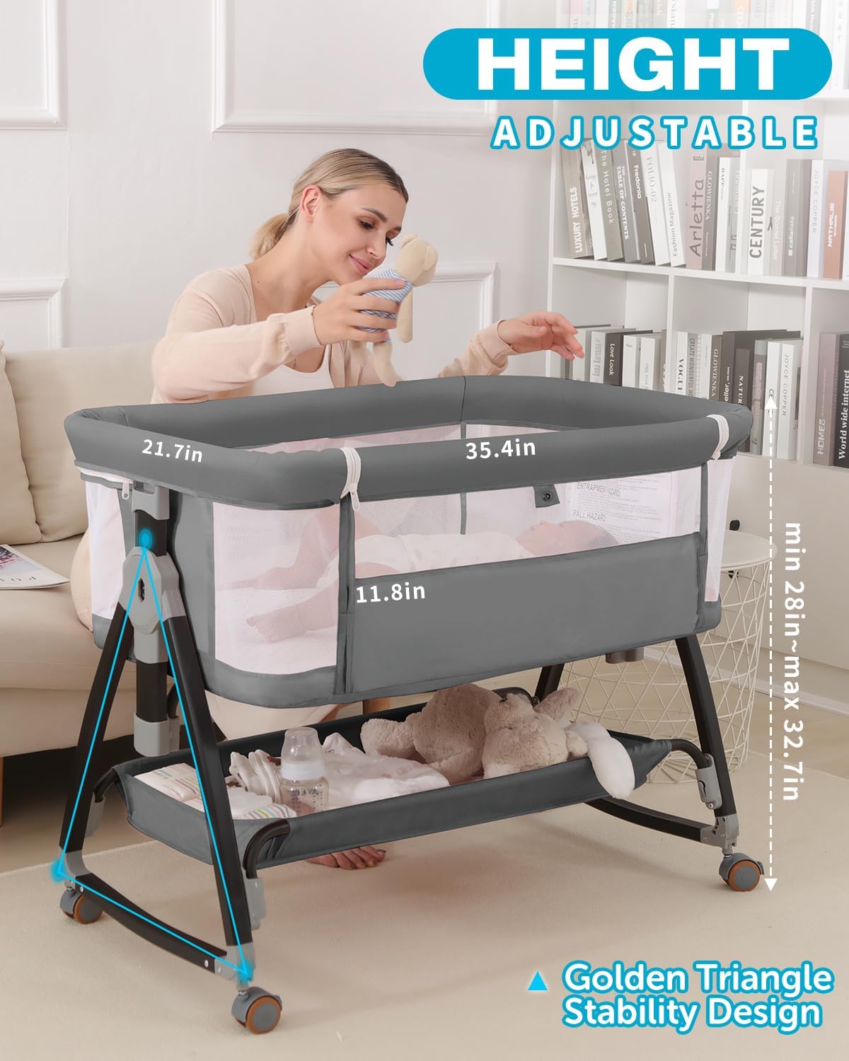 Bedside Bassinet for Baby, 3 in 1 Breathable Mesh Baby Bassinet, 6 Height Adjustable, Easy to Assemble, Bassinet Bedside Sleeper with Wheels, Mosquito Net, Storage Basket, Bassinets for Newborn Baby | Multi-functional