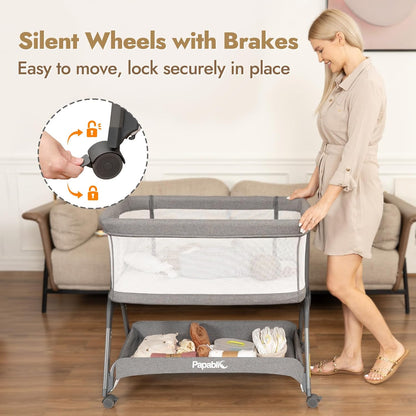 Papablic Baby Bassinet, Bedside Bassinet for Baby with Four-Sided Breathable Mesh & Soft Mattress, Adjustable Bassinet Bedside Sleeper with Storage Basket and Wheels, Easy to Assemble, Gray