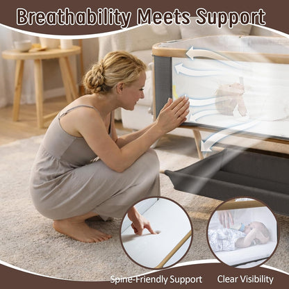 Rocking Baby Bassinet Bedside Sleeper, Detachable Portable Bassinet & Adjustable Crib with 8 Heights, Breathable Mesh, Storage Basket & Mobile Toy for Newborns to Toddlers(Oatmeal)