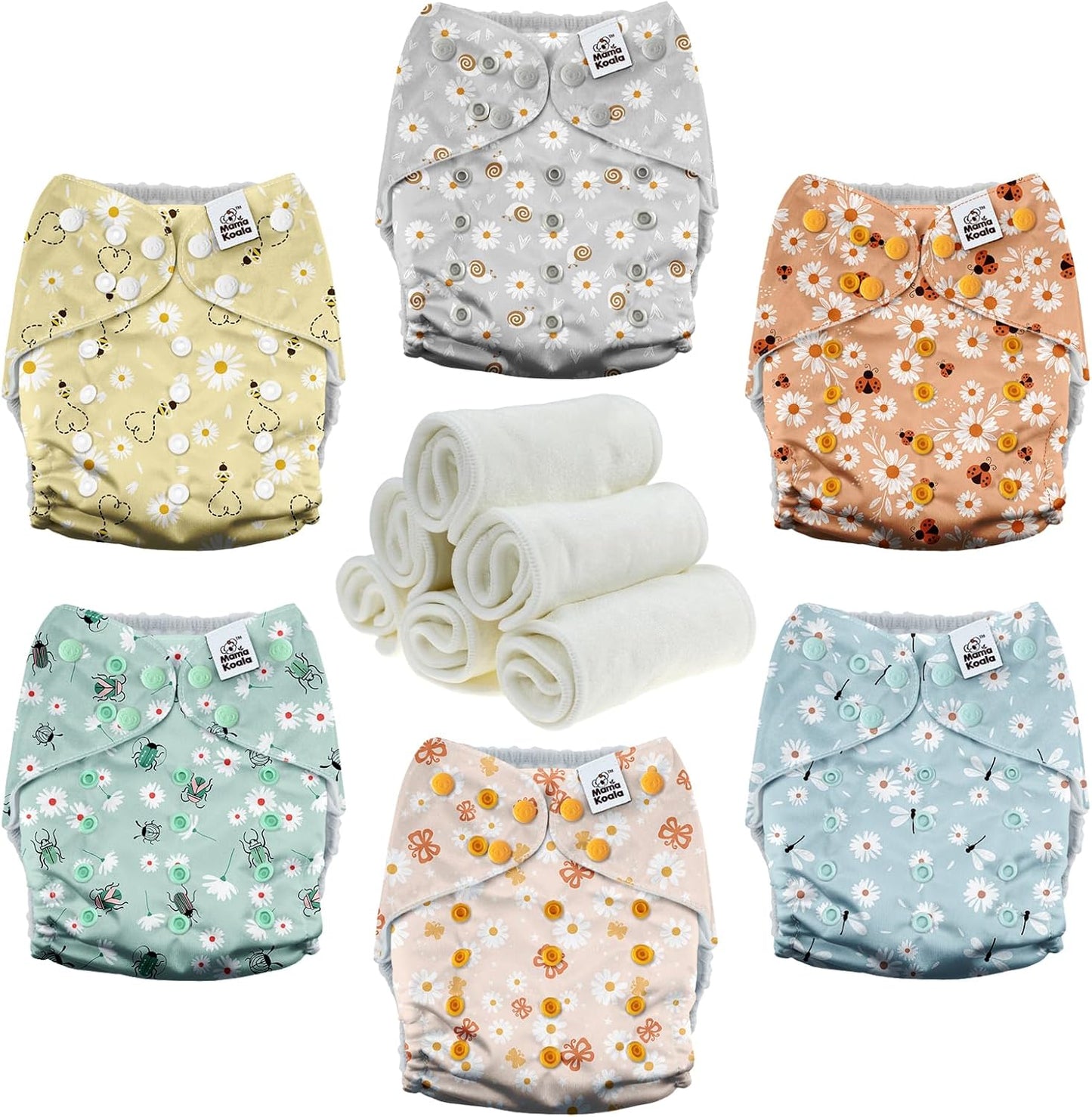Mama Koala 3.0 Pocket Cloth Diapers for Babies with AWJ Lining, 6 Pack with 6 4-Layer Natural Cloth Diaper Inserts - Reusable and Washable Pocket Diapers(Hardworking Bees) - Colors B