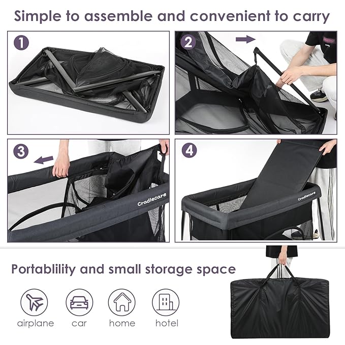 Pack and Play with Bassinet & Mattress, Lightweight Portable Baby Bed, Foldable Travel Bassinet Playard with Storage Bag, Easy Setup Playpen for Babies & Toddlers (Black)