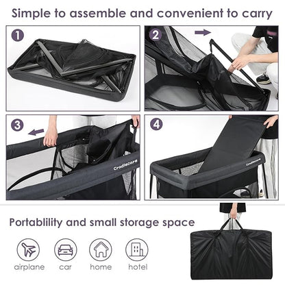Pack and Play with Bassinet & Mattress, Lightweight Portable Baby Bed, Foldable Travel Bassinet Playard with Storage Bag, Easy Setup Playpen for Babies & Toddlers (Black)