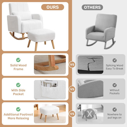 HCHAIRH Nursery Rocking Chair with Ottoman, Upholstered Glider Rocker with High Backrest Side Pocket, Rocking Accent Armchair with Solid Wood Legs for Nursery, Living Room, Bedroom, Light Grey
