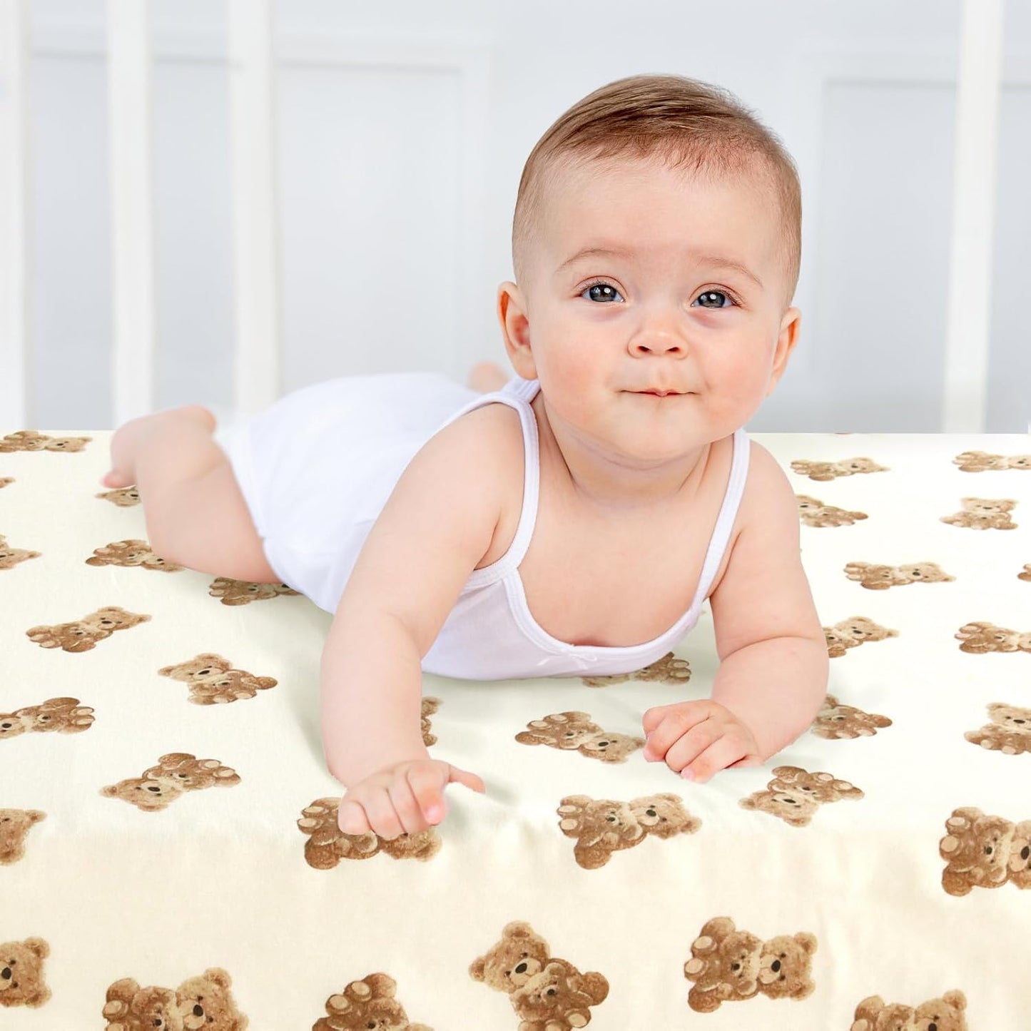 LifeTree Crib Sheets for Baby Unisex - Muslin Fitted Crib Sheets Toddler Bed Sheet, 70% Viscose from Bamboo and 30% Cotton, Fits Mini Crib & Pack and Play Playard, Bear, 26in x 38in
