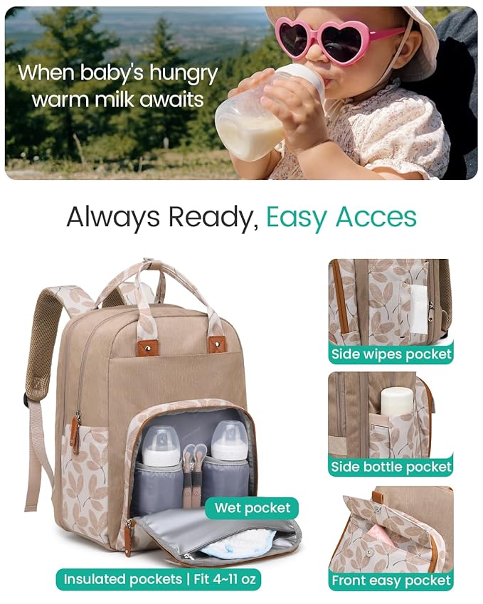 Qualyphant Extra Large Diaper Bag Backpack for Two Kids Twins - Expandable Baby Bag (26-36L), Dual Big Compartments - Includes Changing Pad & Stroller Straps, Unisex Leaf