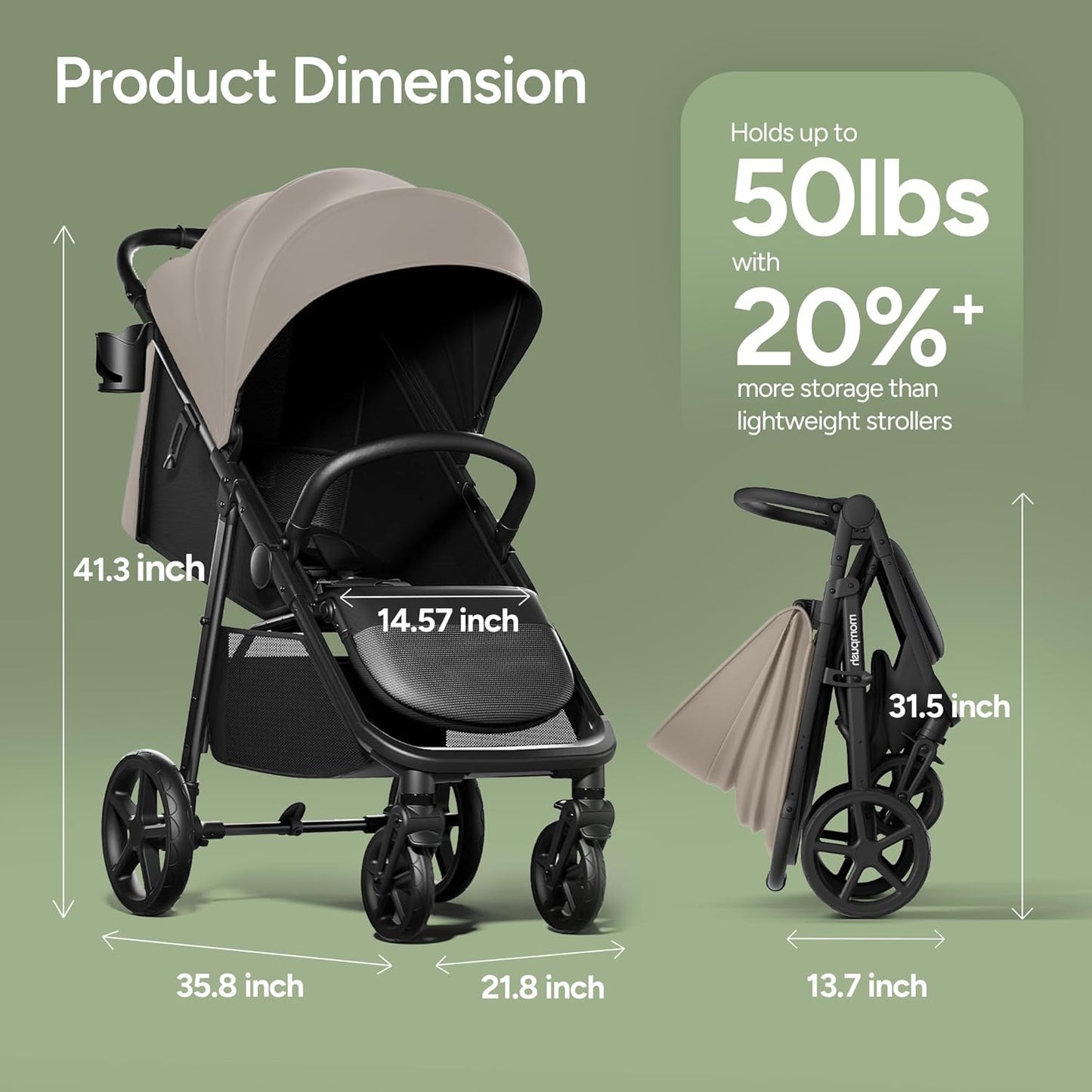 Mompush Nova Infant Baby Stroller for Newborn to Toddler, Oversized Seat up to 50 lbs, All-Terrain 10" Wheels & Suspension, One-Hand Fold; Lie-Flat Mode; UPF 50+ Canopy