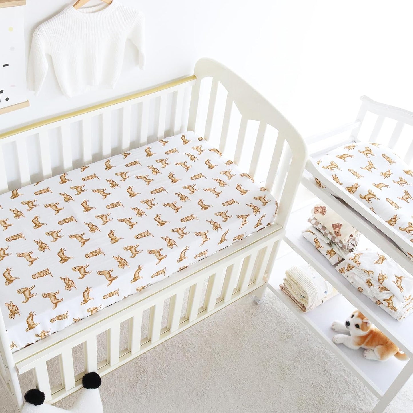 LifeTree Crib Sheets for Baby Unisex - Muslin Fitted Crib Sheets Toddler Bed Sheet, 70% Viscose from Bamboo and 30% Cotton, Fits Mini Crib & Pack and Play Playard, Bear, 26in x 38in