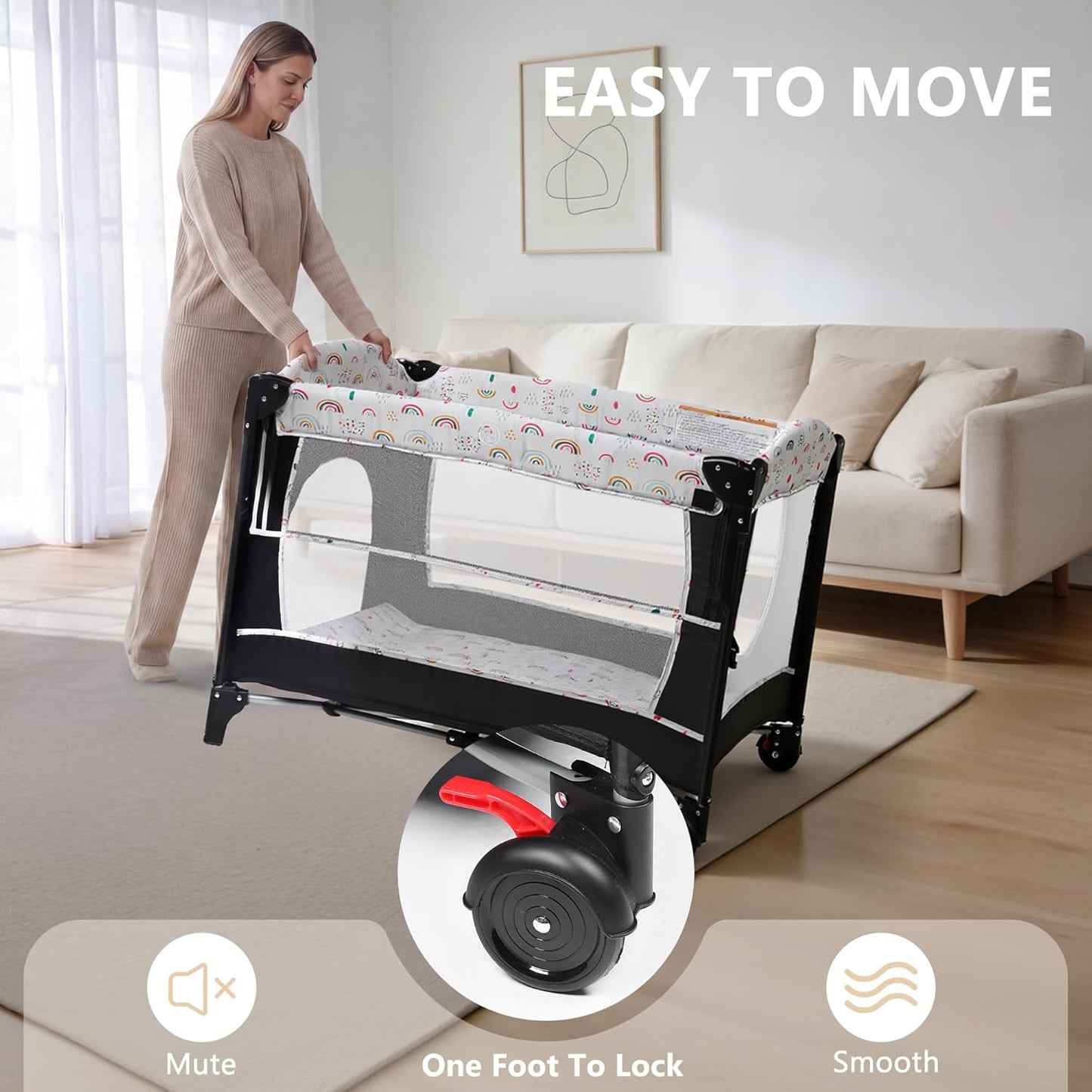 Kinder King 4 in 1 Portable Baby Playard, Foldable Baby Bedside Crib w/Bassinet, Infant Pack and Play Playard Toddler Large Playpen, Newborn Changing Table, Storage Basket, Grey