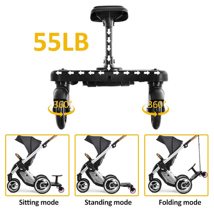 2026 New-Universal Stroller Board with Detachable Seat, 2in1 Sit and Stand Stroller Connectors for Most Strollers, Holds Children Up to 55 LBs Stroller Standing Board(Black)