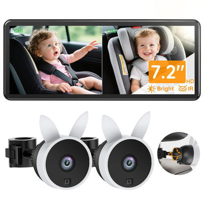 Babyvue BV3PRO Dual Baby Car Camera for 2 Boys, 7.2" 1080P HD Split Screen, Crystal Clear IR Night Vision, No Distortion Display Baby Car Monitor, Safe Driving for Back Seat & Pets