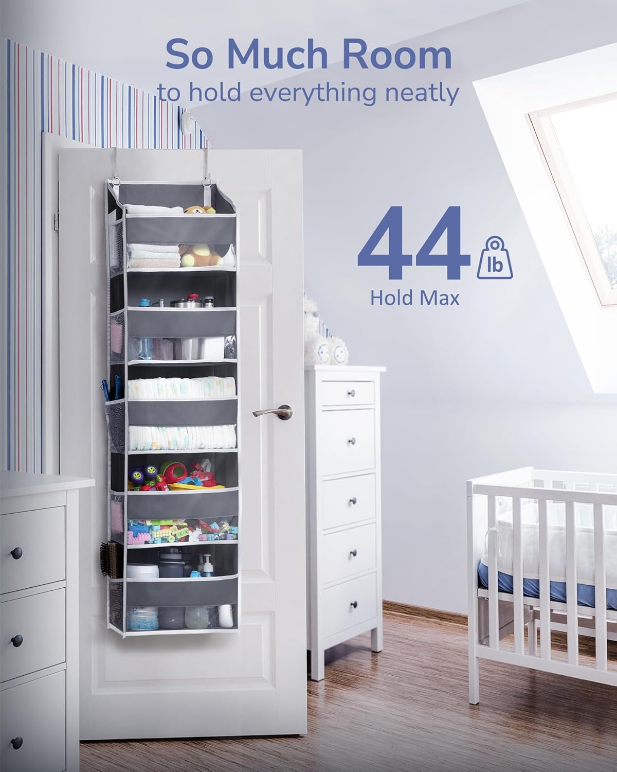 ULG 1 Pack Over Door Organizer with 5 Large and 10 Mesh Side Pockets, 44 lbs Weight Capacity Hanging Storage with Clear Window Kids Toys, Shoes, Diapers, Dark Grey, 5 Layers