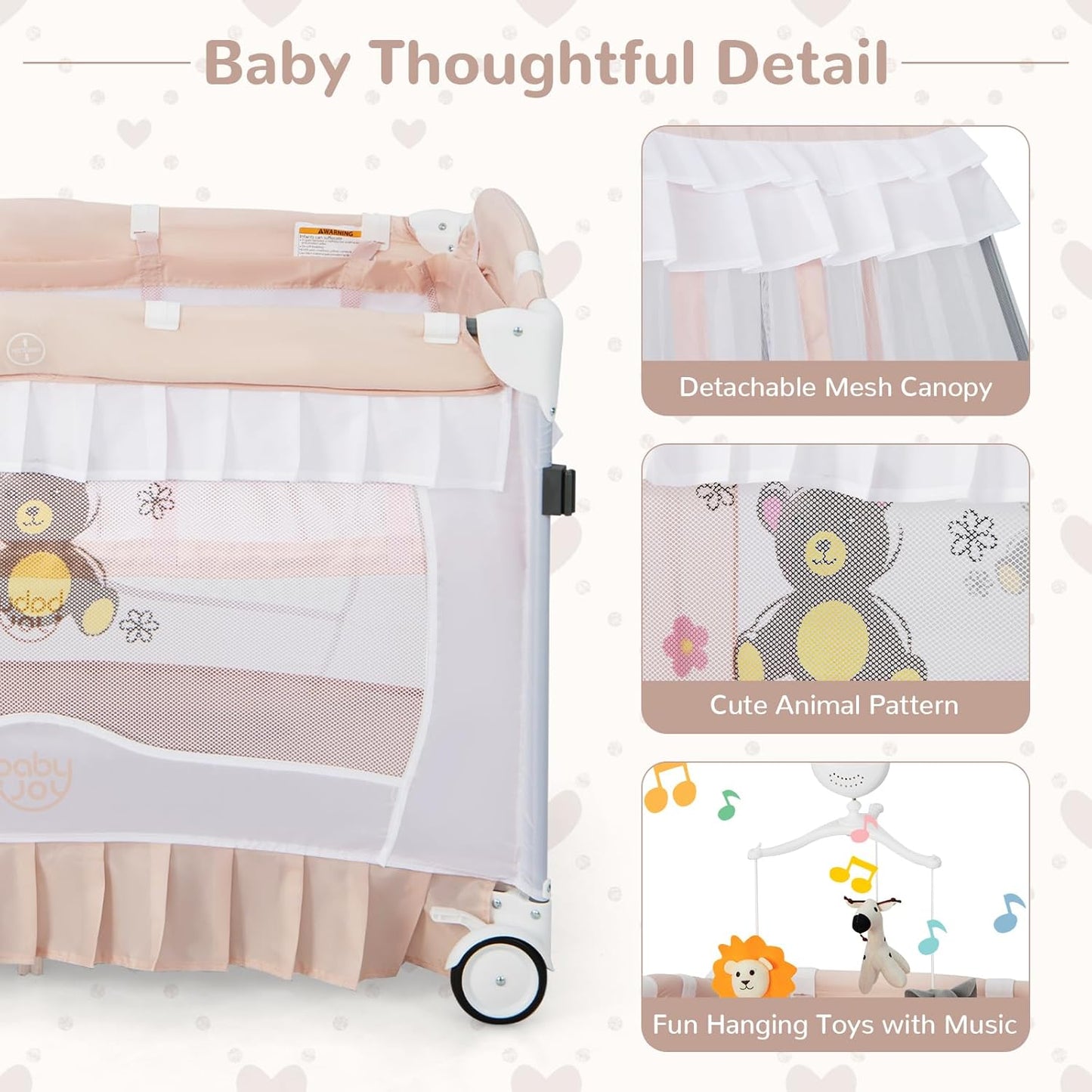 HONEY JOY 4-in-1 Pack and Play with Canopy, Portable Baby Playard w/Changing Table and Infant Bassinet, Cute Toys & Music, Foldable Bassinet for Newborn and Toddler (Hot Pink)
