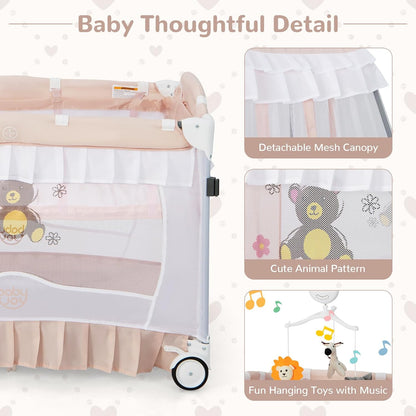 HONEY JOY 4-in-1 Pack and Play with Canopy, Portable Baby Playard w/Changing Table and Infant Bassinet, Cute Toys & Music, Foldable Bassinet for Newborn and Toddler (Hot Pink)