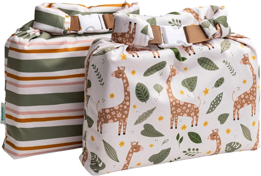 Kinder Set of 2 Water Resistant Wet Bags for Storing Laundry or Cloth Diapers Travel Size Wet Bag Daycare Beach Pool Wet Swimsuit Roll Top for Air Tight Odor Contained Washable Reusable (Giraffes)