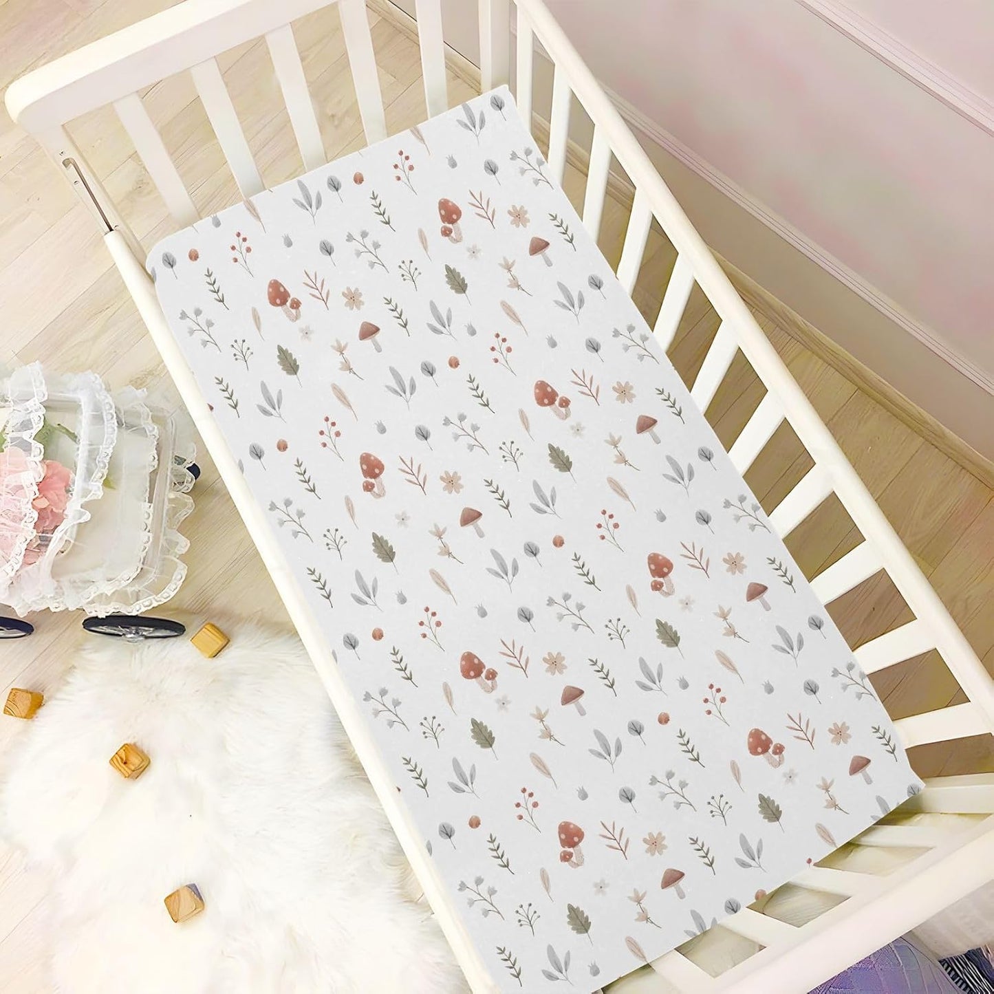 Fall Cute Mushroom Leaves Fitted Crib Sheets Stretchy Portable Playard Sheets for Baby Toddler, Breathable Soft Mini Crib Mattress 52 x 28 in for Boys and Girls