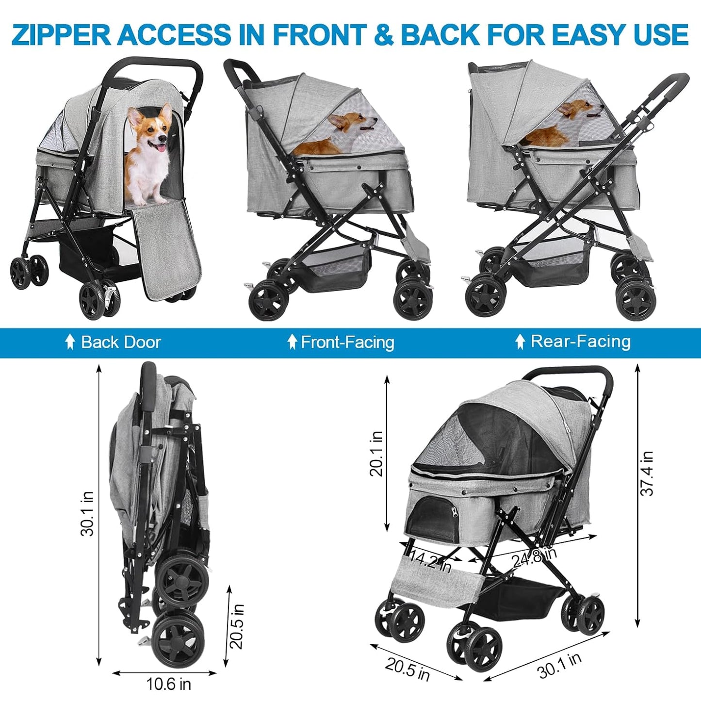 Lightweight Dog Stroller with Reversible Handle for Medium Small Dogs and Cats, Foldable Pet Stroller Travel Carriage with Large Storage Basket, 4 Wheels, Black