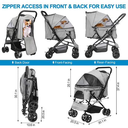 Lightweight Dog Stroller with Reversible Handle for Medium Small Dogs and Cats, Foldable Pet Stroller Travel Carriage with Large Storage Basket, 4 Wheels, Black