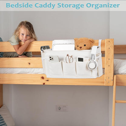 Loghot Bedside Caddy/Bedside Storage Bag Hanging Organizer for Bunk and Hospital Beds,Dorm Rooms Bed Rails,Can be Placed Glasses,Books,Mobile Phones,Keys (White)