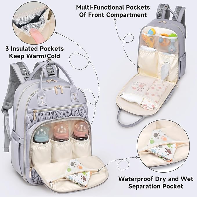 Tealari Diaper Bag Backpack,Stylish Baby Diaper Bag,Waterproof Travel Diaper Backpacks Baby Bags with Changing Pad,Stroller Straps,Insulated Pockets (Gray)
