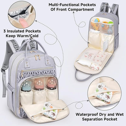 Tealari Diaper Bag Backpack,Stylish Baby Diaper Bag,Waterproof Travel Diaper Backpacks Baby Bags with Changing Pad,Stroller Straps,Insulated Pockets (Gray)